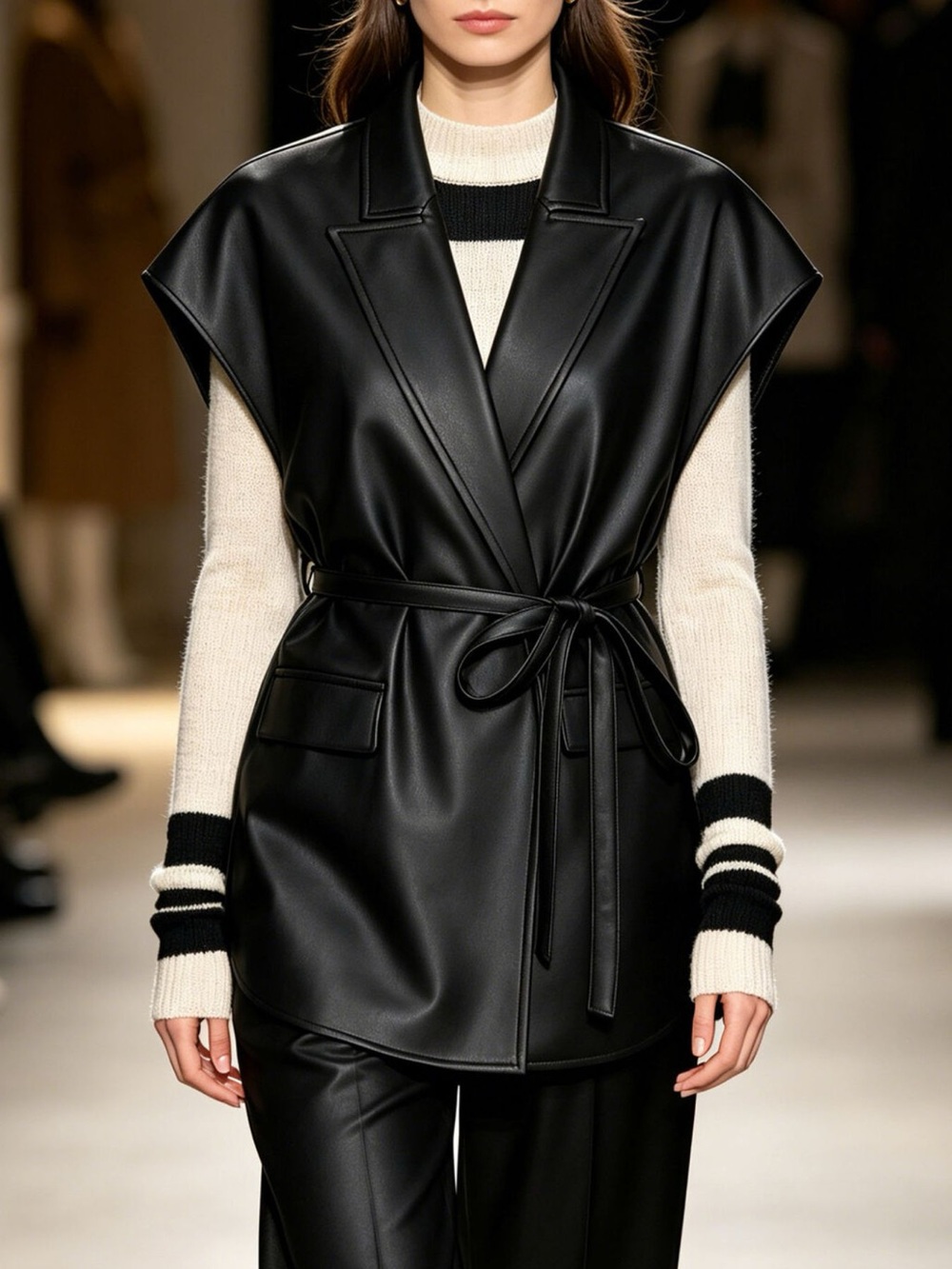 Sleek Faux Leather Belted Vest Coat